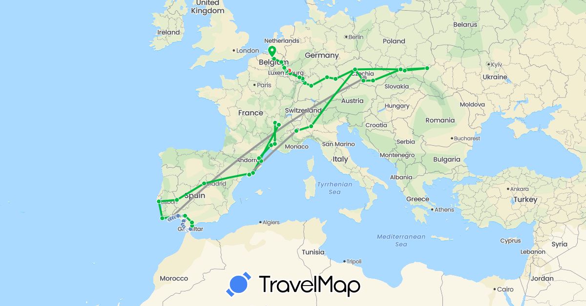 TravelMap itinerary: driving, bus, plane, cycling, hiking in Belgium, Czech Republic, Germany, Spain, France, Gibraltar, Italy, Luxembourg, Poland, Portugal (Europe)